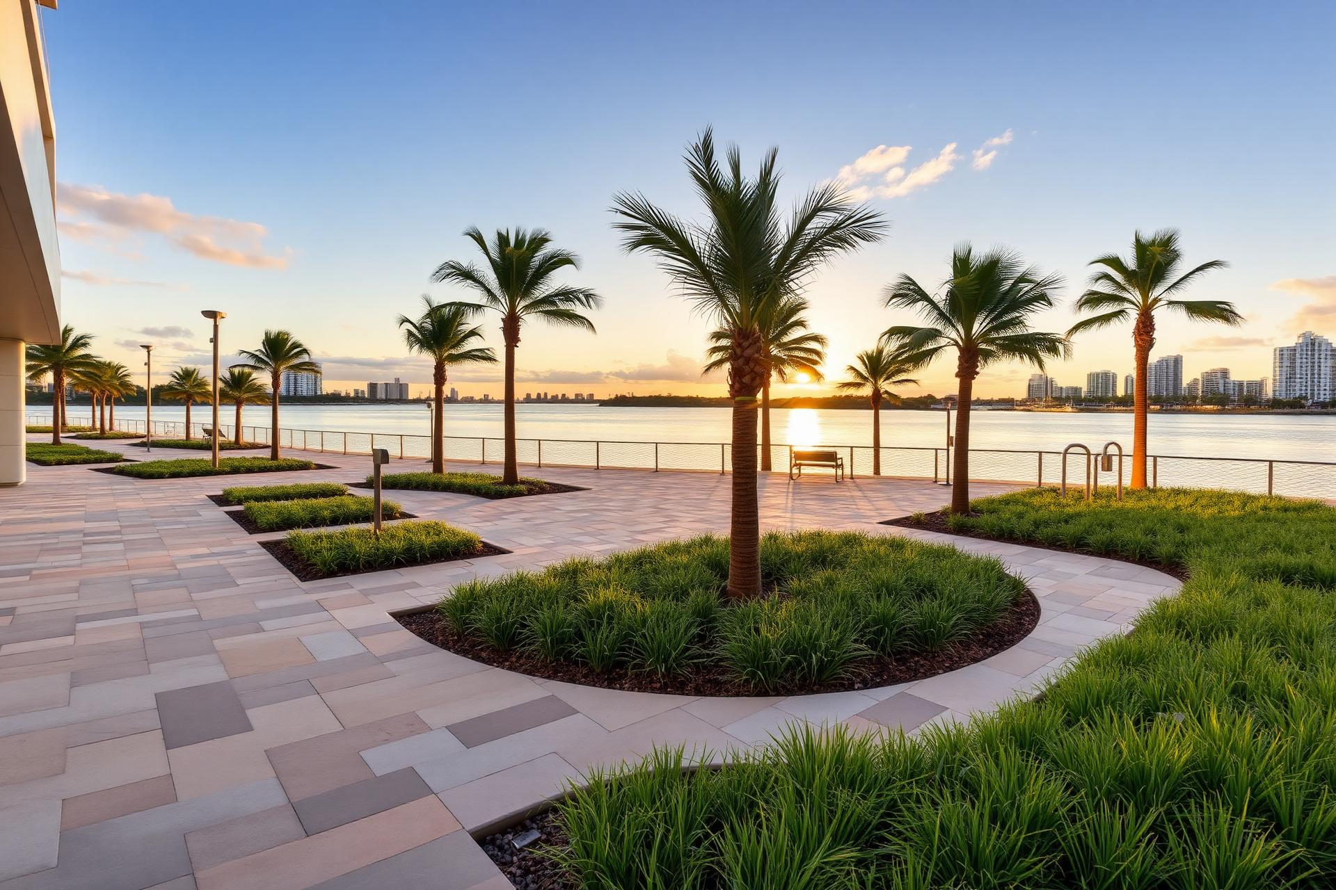 Permeable stone paving threaded with bioretention beds at golden hour.