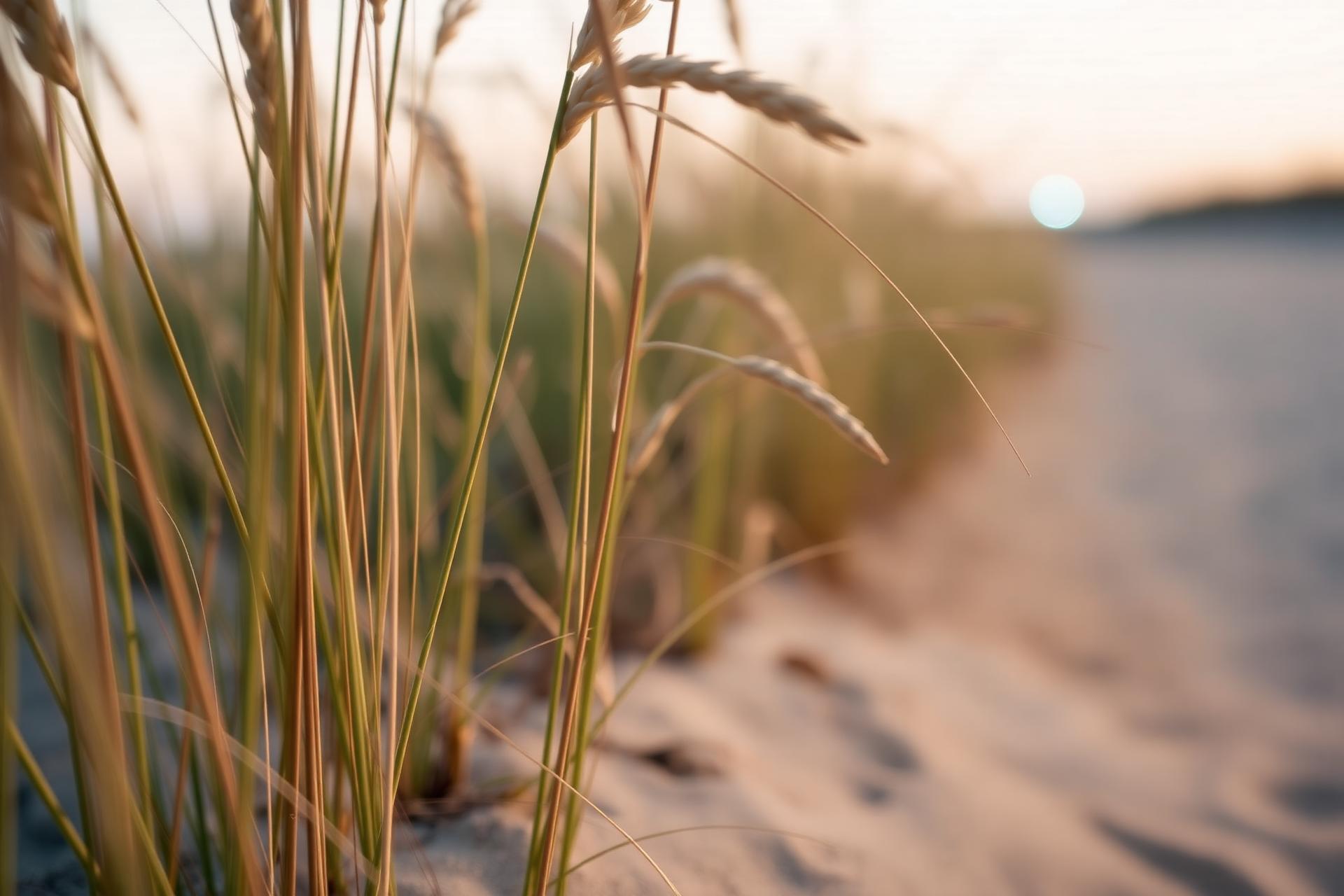 Sea oats and beach panic grass at golden hour — the matrix that stabilizes the crest.