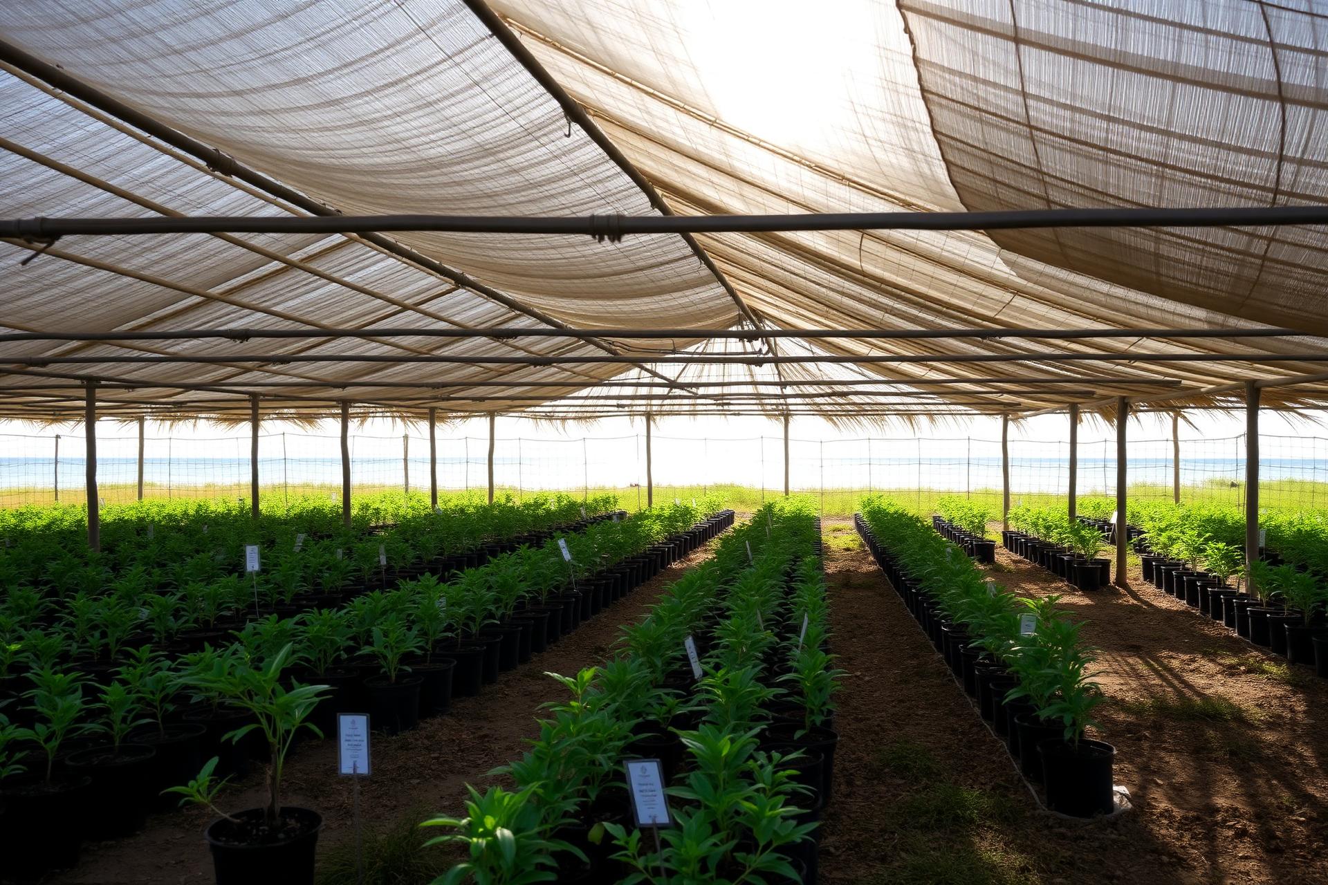 On-site nursery: thousands of natives propagated under shade cloth.