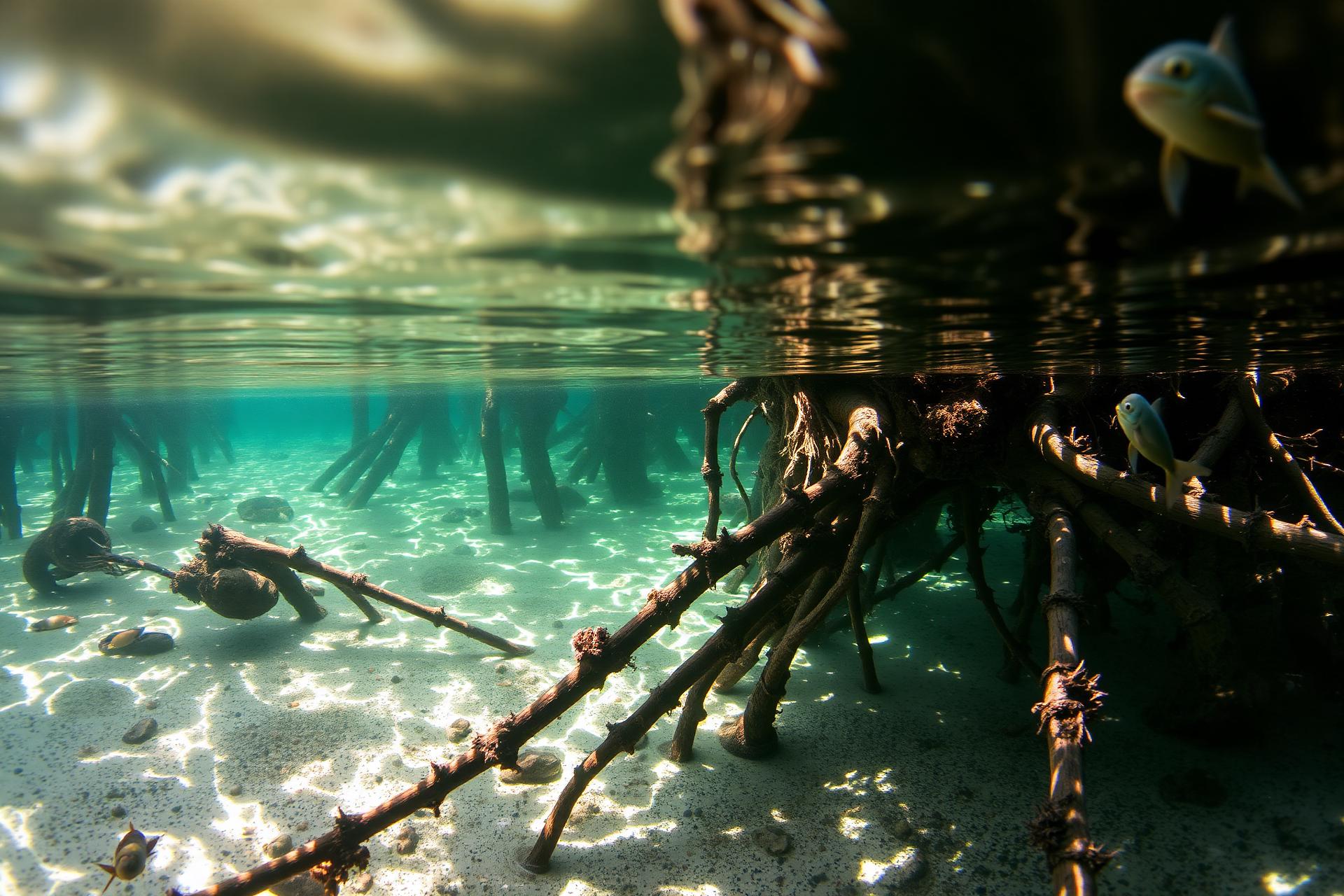 Below the surface — juvenile fish sheltering among red mangrove prop roots.